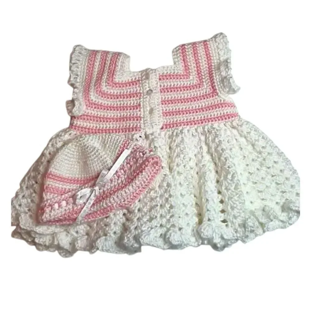 Dress & Matching Bonnet Baby Girl Heirloom Hand Crochet Pink & White